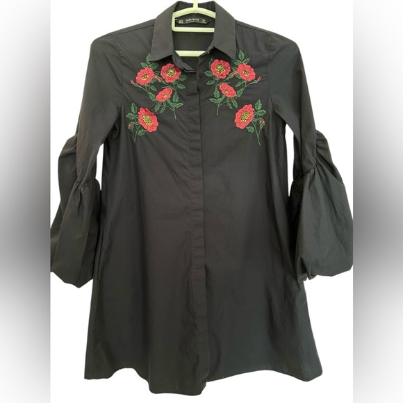 Zara floral embroidery dark blue tunic mini dress, S, statement ballon sleeves - Picture 3 of 9